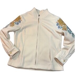 Bob Mackie Wearable Art Cream Floral Embroidered Fleece Zip Up Jacket Mens Large